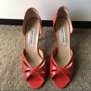 ISO Manolo Blahnik red patent Dorsey open toe heels with teardrop design